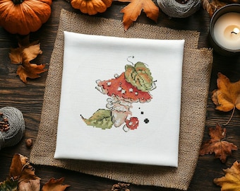 Padrão de ponto cruz do cogumelo Amanita muscaria, bordado em aquarela (PDF)