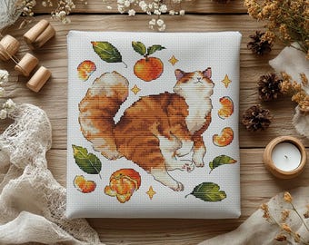 Orange Cat Cross Stitch Pattern, Fluffy Cat Design (Printable PDF)