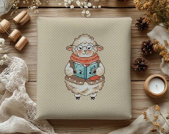 Patrón de punto de cruz de oveja leyendo / Bordado de arte popular de cordero juguetón (descarga digital)