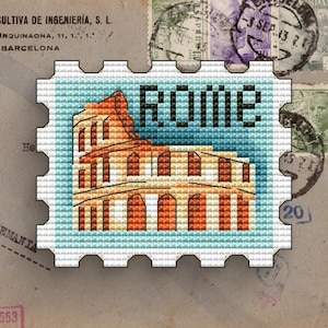 Patrón de punto de cruz del Coliseo con sello postal, Roma (Patrón en PDF)