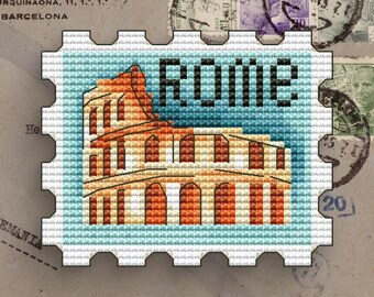 Patrón de punto de cruz del Coliseo con sello postal, Roma (Patrón en PDF)