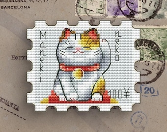 Maneki Neko Cross Stitch Pattern: Lucky Cat Postage Stamp (PDF)