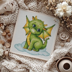 Emerald Baby Dragon Cross Stitch Pattern, Fantasy Design (PDF Pattern)