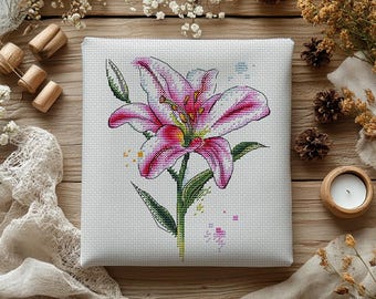 Motif aquarelle lys au point de croix, motif floral imprimable (Modèle PDF)