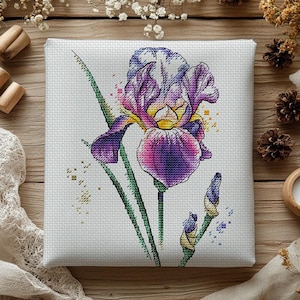 Watercolor Iris Cross Stitch Pattern, Floral DIY (PDF Pattern)