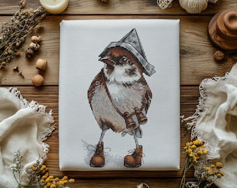 Funny Sparrow Cross Stitch Pattern, Bird Embroidery (PDF Download)