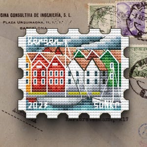 Bergen Norway Cross Stitch Pattern, Cityscape Postage Stamp (PDF Pattern)