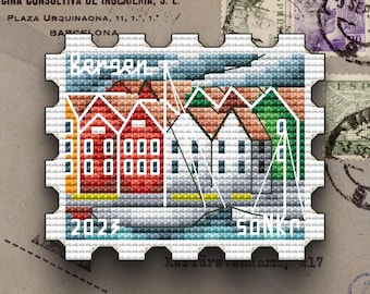 Padrão de Ponto Cruz de Bergen, Noruega, Paisagem Urbana em Formato de Selo Postal (Padrão em PDF)
