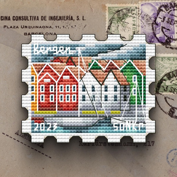 Bergen Norwegen Kreuzstichmuster Stadtbild Briefmarke (PDF-Muster)
