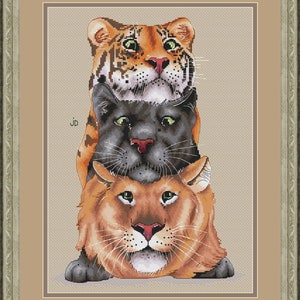 Wildkatzen Kreuzstich-Muster Tiger PDF Muster Löwe Panther Stickmuster Niedliches Muster Katzen DMC Chart Printable PDF Instant Download