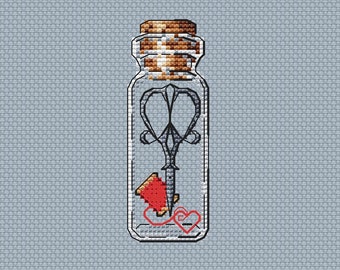 Patrón de punto de cruz Tijeras en botella: Mini gráfico para principiantes (patrón en PDF)
