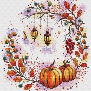 Autumn Wreath Cross Stitch Pattern Lanterns Pattern PDF Pumpkins Embroidery Fall Wreath Pattern DMC Chart Printable PDF Instant Download