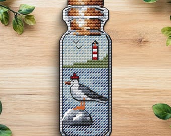 Seagull in Bottle Cross Stitch Pattern, Lighthouse PDF (Instant Download)