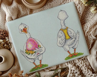 Easter Goose Cross Stitch Pattern: Pink Egg Embroidery Chart (PDF Download)