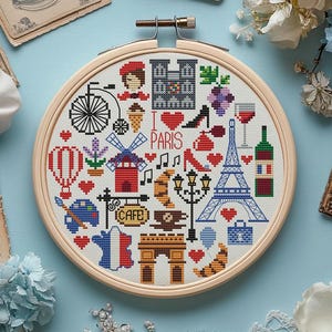 Paris Cross Stitch Pattern: France Round Sampler (PDF Pattern)