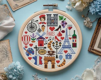 Paris Cross Stitch Pattern: France Round Sampler (PDF Pattern)