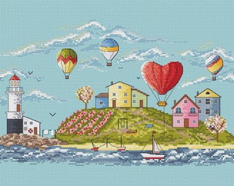 Modèle de point de croix Island Spring : phare, ballons (PDF)