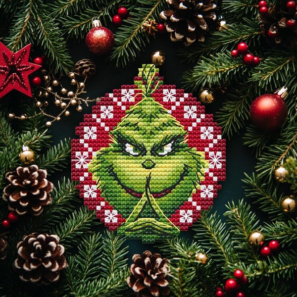 Grinch Christmas Ball Cross Stitch Pattern: Festive Holiday Bauble (PDF Pattern)