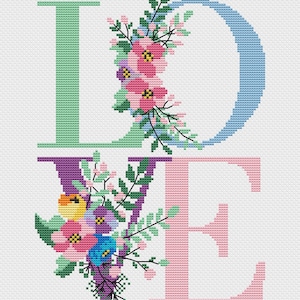 Love Cross Stitch Pattern Love PDF Pattern Flowers Embroidery Floral Modern Cross Stitch Flowers Pattern PDF Instant Download