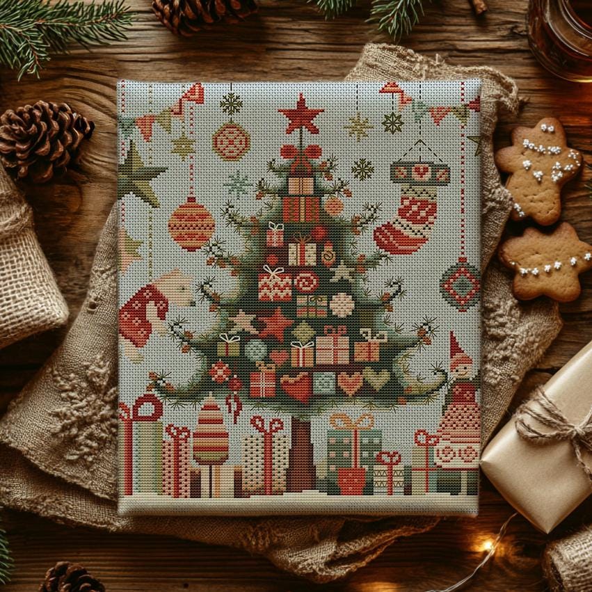 クリスマスツリーのクロスステッチパターン：ホリデープレゼントの刺繍