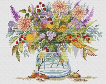 Patrón de punto de cruz de ramo otoñal: Diseño floral otoñal (patrón PDF)