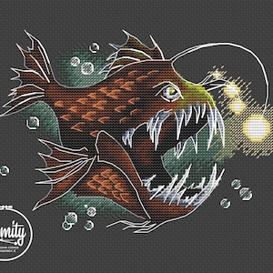 Scary Fish Cross Stitch Pattern Deepwater Fish Pattern Seadevil Embroidery Angler Fish Cross Stitch DMC Chart Printable PDF Instant Download