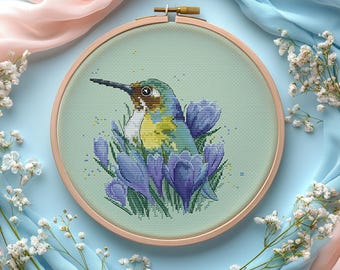 Hummingbird and Crocuses Cross Stitch Pattern: Spring Flowers Embroidery (PDF)