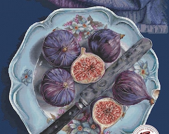 Modèle de point de croix assiette de figues : motif de broderie fruits (modèle PDF)