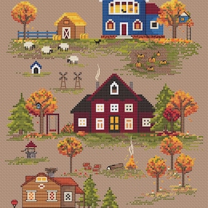 Autumn Village Cross Stitch Pattern Cottage PDF Pattern Fall Pattern Village Pattern Autumn Pattern DMC Chart Printable PDF Instant Download