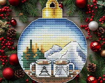 Christmas Bauble Cross Stitch Pattern: Winter Mountain Landscape, Coffee Cups (PDF Pattern)