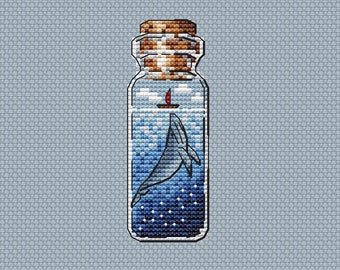 Whale Cross Stitch Pattern Bottle Pattern Boat PDF Pattern Blue Whale Pattern Small Pattern Simple DMC Chart Printable PDF Instant Download