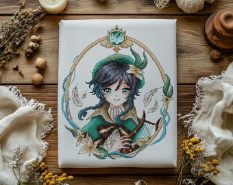Patrón de punto de cruz Venti: Retrato de anime, diseño de fantasía (patrón en PDF)