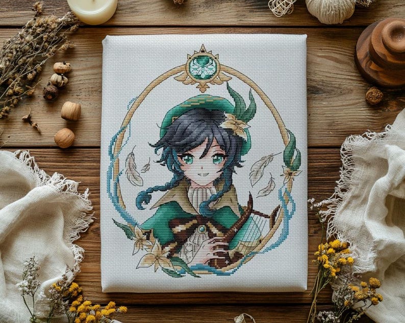 Venti Cross Stitch Pattern: Anime Portrait, Fantasy Design (PDF Pattern) image 1