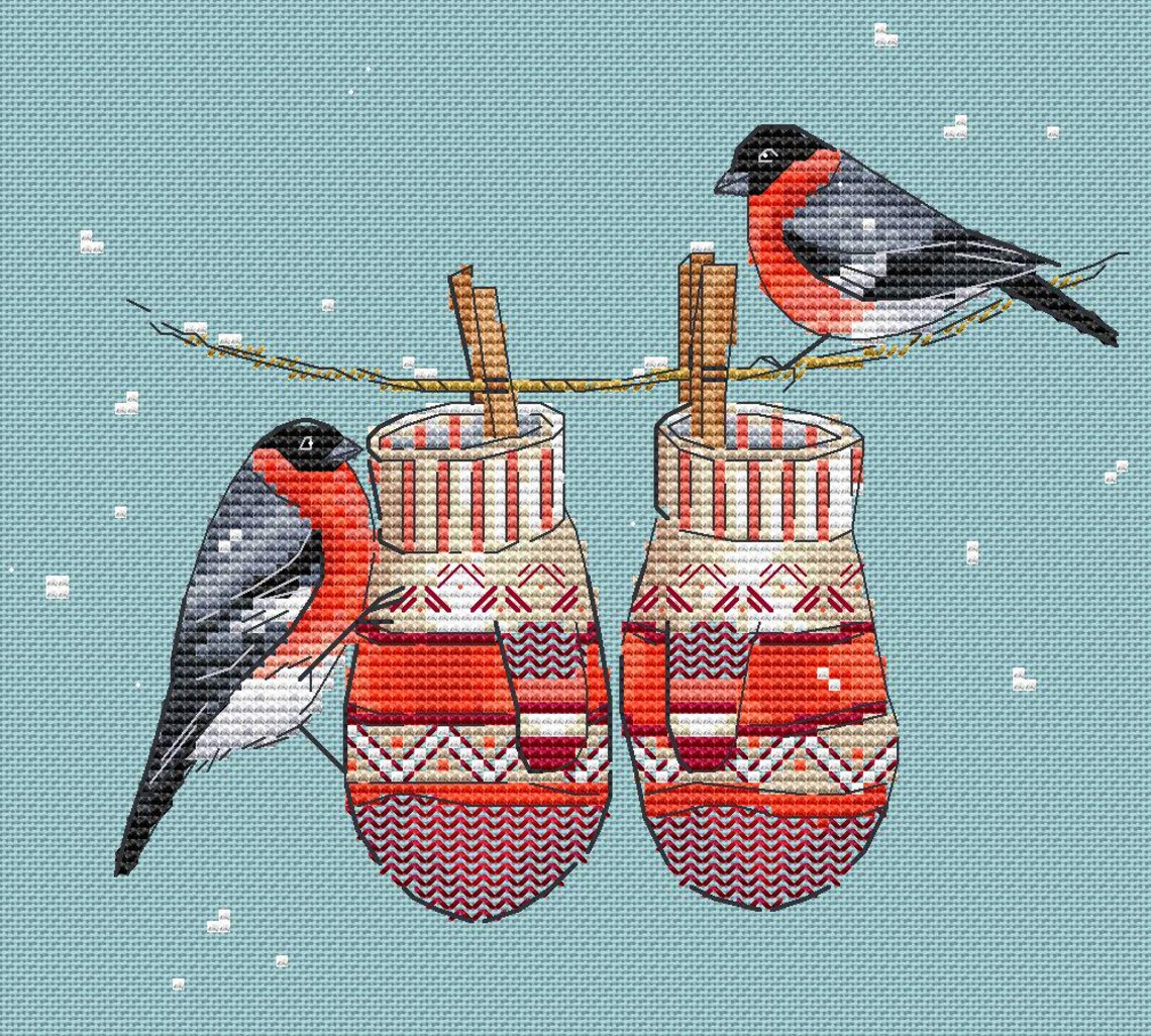 Birds and Mittens Cross Stitch Pattern: Winter Bullfinch (PDF Pattern ...