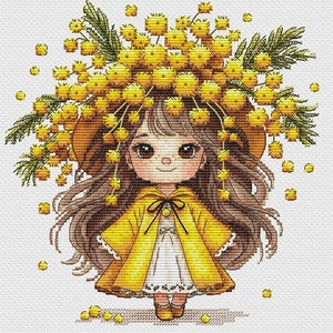 Flower Girl Cross Stitch Pattern Mimosa Pattern Girl in Yellow PDF Pattern Cute Pattern Little Girl DMC Chart Printable PDF Instant Download