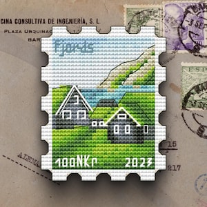 May include: A detailed, pixelated stamp design featuring two houses with white trim set against a green landscape and blue water. The stamp reads "Fjords", "100NKr", and "2023". The stamp is surrounded by other vintage stamps.