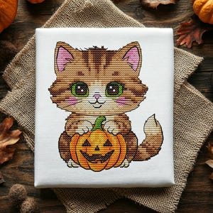 Può includere: Un ricamo a punto croce su tessuto bianco raffigurante un gattino tigrato marrone con grandi occhi verdi e guance rosa. Il gattino tiene in mano una piccola zucca arancione con una faccia intagliata. Il disegno utilizza un lavoro di filo dettagliato.