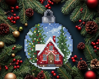 Schema per punto croce di una casetta invernale con decorazioni natalizie / Ricamo di un accogliente ornamento natalizio (download in PDF)
