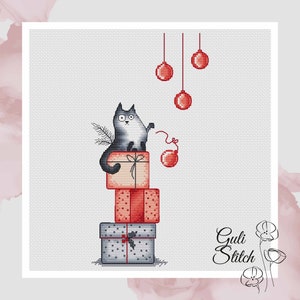 Funny Cat Cross Stitch Pattern Christmas Cat Pattern Grey Cat Embroidery Christmas Cross Stitch DMC Chart Printable PDF Instant Download