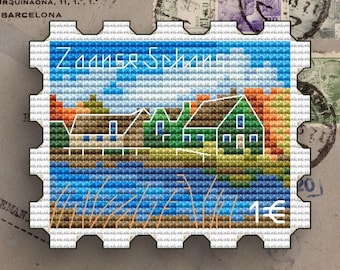 Patrón de punto de cruz de Zaanse Schans: Sello postal de casas holandesas (patrón PDF)