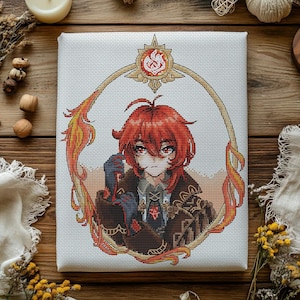 Patrón de punto de cruz Diluc: Retrato de anime, Genshin Fantasy (Descarga en PDF) imagen 1
