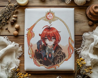 Patrón de punto de cruz Diluc: Retrato de anime, Genshin Fantasy (Descarga en PDF)