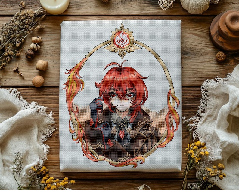 Patrón de punto de cruz Diluc: Retrato de anime, Genshin Fantasy (Descarga en PDF) imagen 1