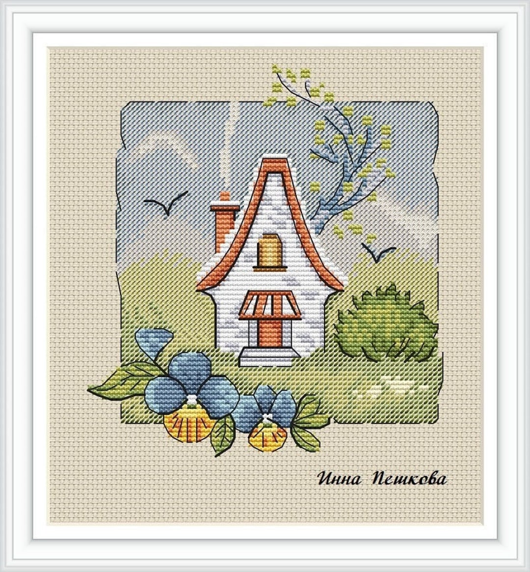 Country House Cross Stitch Pattern Cottage PDF Pattern Violets