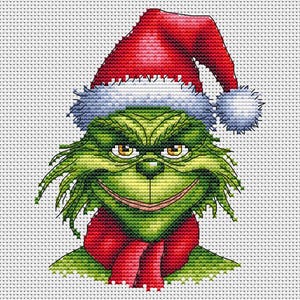Grinch Cross Stitch Pattern Santa Hat PDF Pattern Christmas Embroidery Holiday Pattern Festive DMC Chart Printable PDF Instant Download