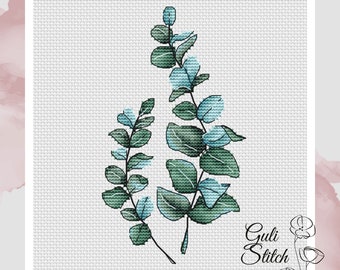 Eucalyptus Cross Stitch Pattern Plant Pattern Branch Embroidery Twig Cross Stitch Eucalyptus Stems DMC Chart Printable PDF Instant Download