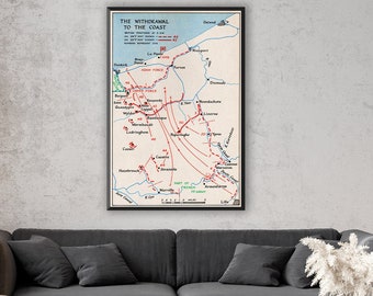 Dunkirk evacuation map, troop positions, Operation Dynamo, WW2 history buffs, world war 2 map gift.