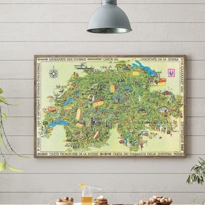 Carte des fromages de la Suisse, affiche du guide des fromages, décoration murale de cuisine, art mural de cuisine, cadeau pour gourmets, cadeau de fromages.