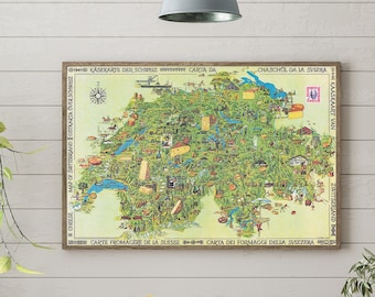 Póster con mapa de quesos de Suiza: arte vintage para la pared de la cocina