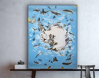 Carte illustrée de l'Antarctique et du pôle Sud - oeuvre d'art murale illustrée d'exploration polaire vintage, affiche de la faune antarctique Mid-Century